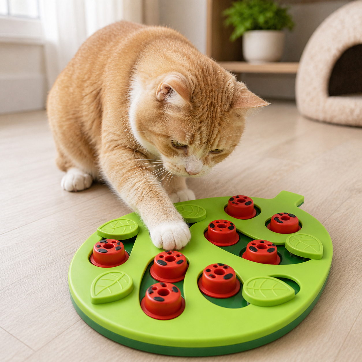 Gato mayor usando puzzle interactivo estimulación mental enriquecimiento