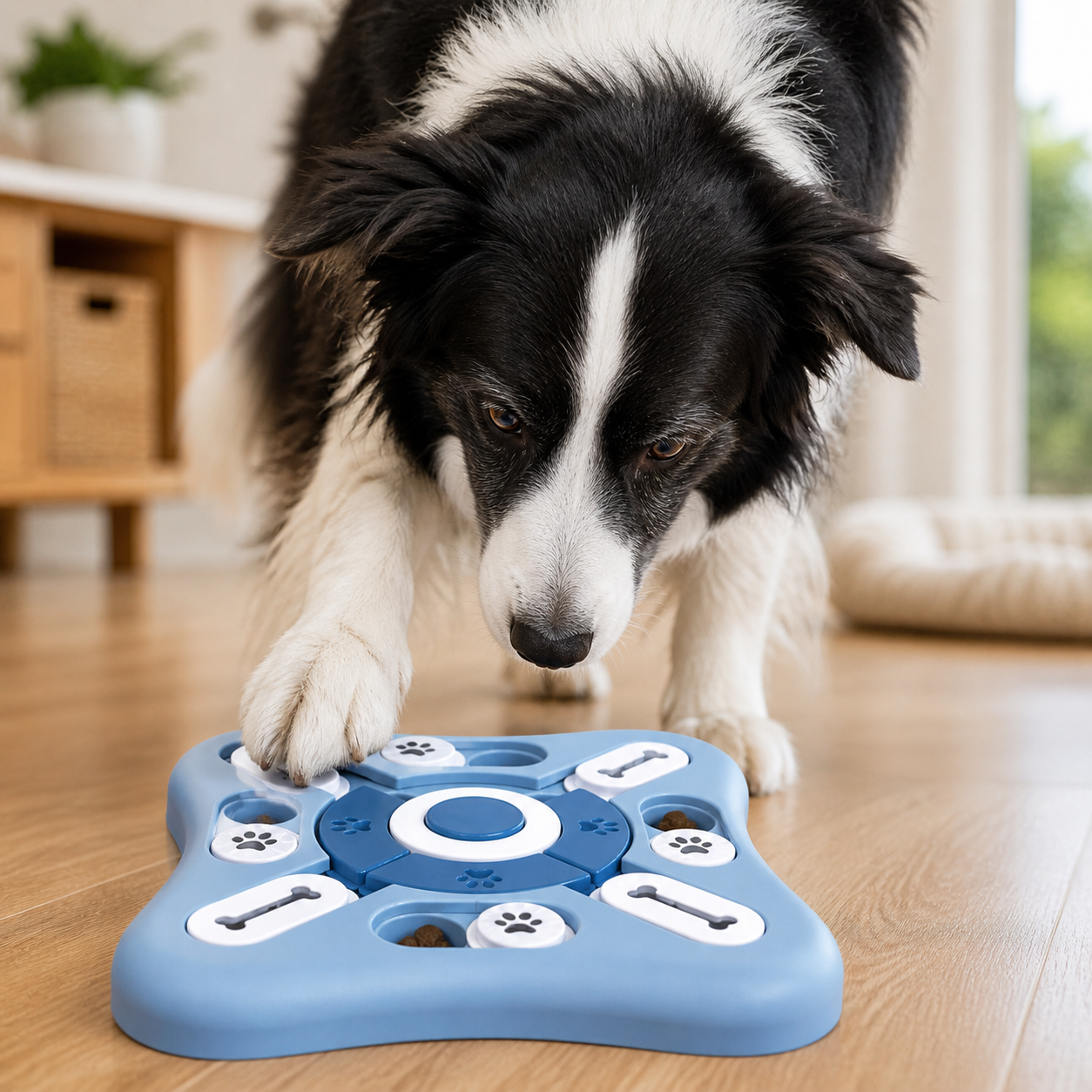 Detalle mecanismos deslizantes puzzle IQ perro senior estimulación cognitiva