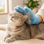 Perro o gato mayor recibiendo masaje con guante silicona durante el baño