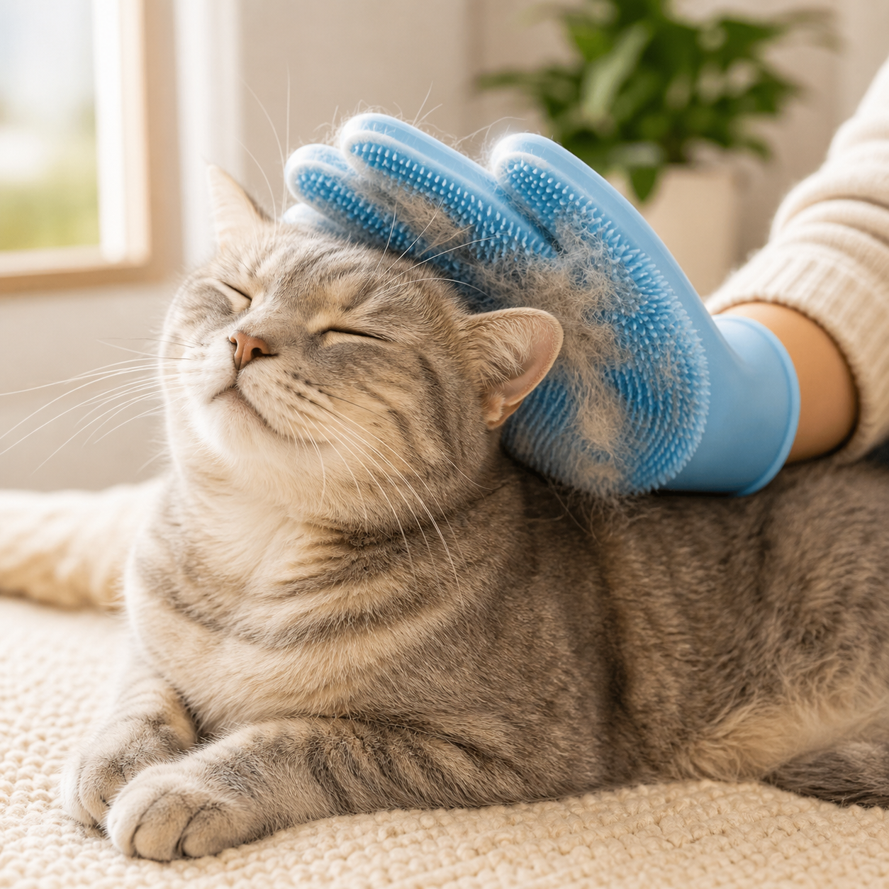 Perro o gato mayor recibiendo masaje con guante silicona durante el baño