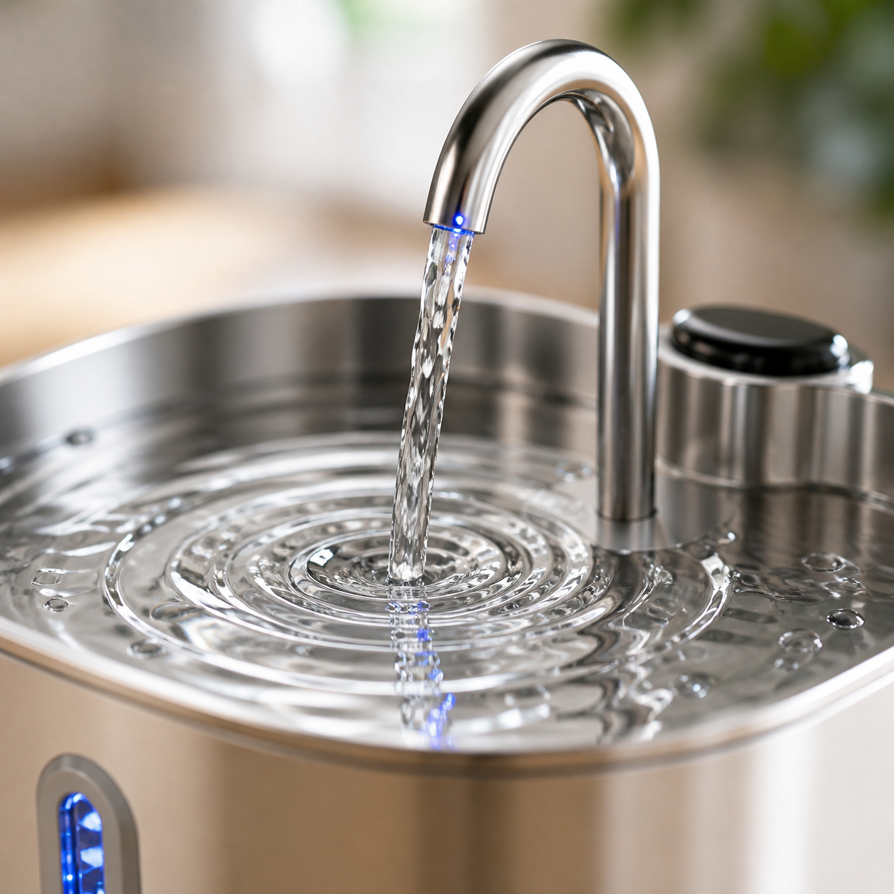 Vista lateral fuente agua acero inox mascota senior grifo filtrado