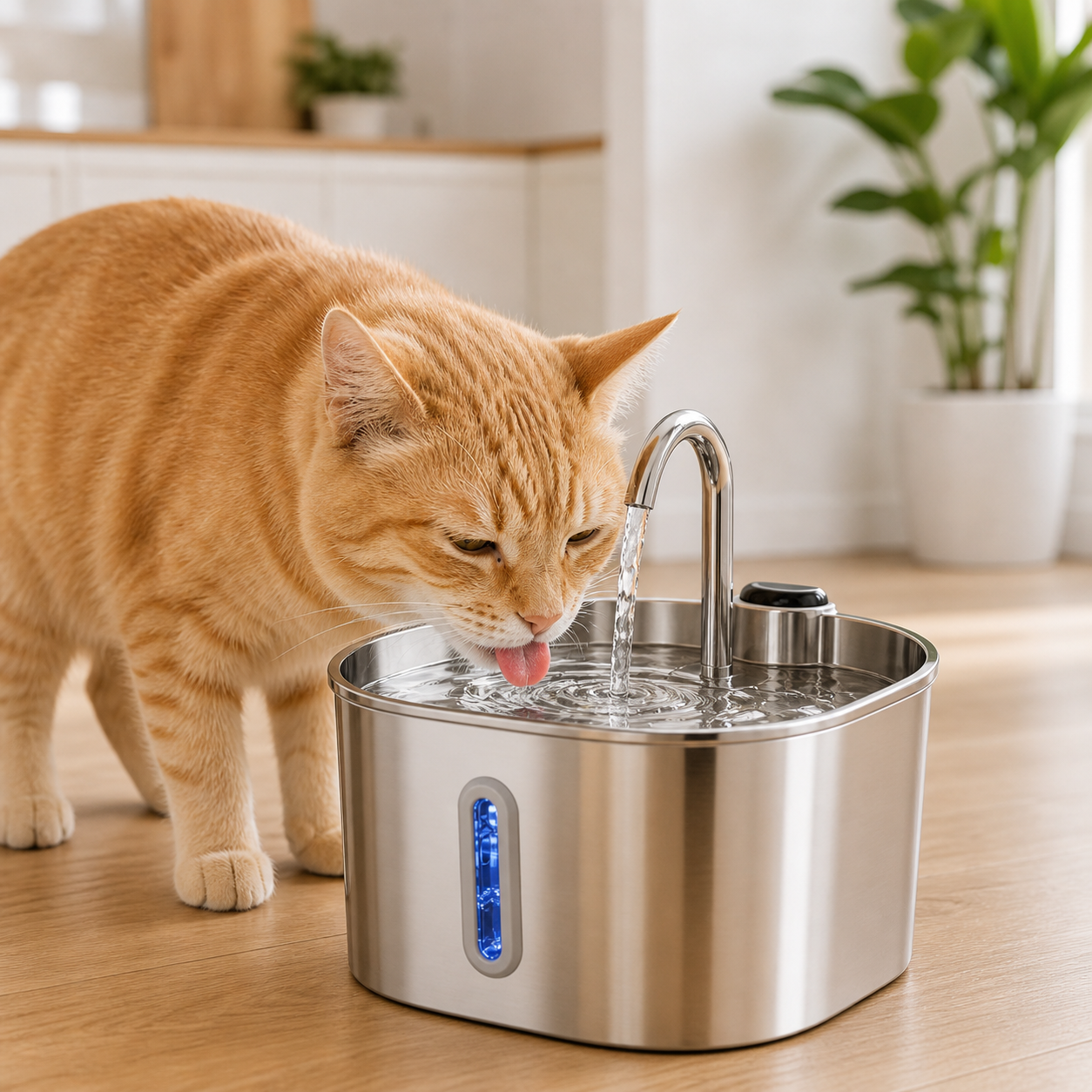 Gato o perro bebiendo en fuente acero inoxidable hidratación senior