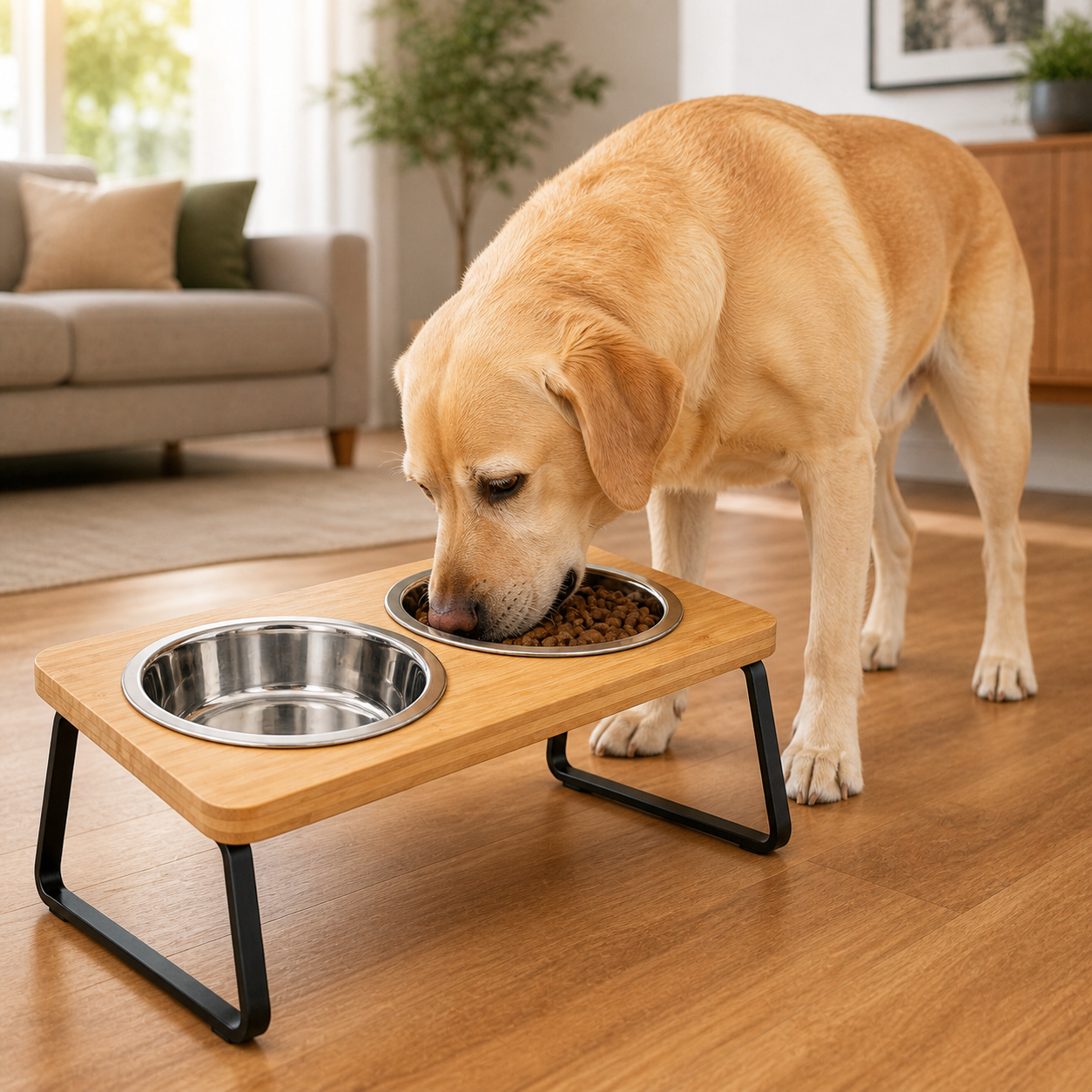 Vista superior comedero elevado ortopédico bambú perro senior sin tensión cuello