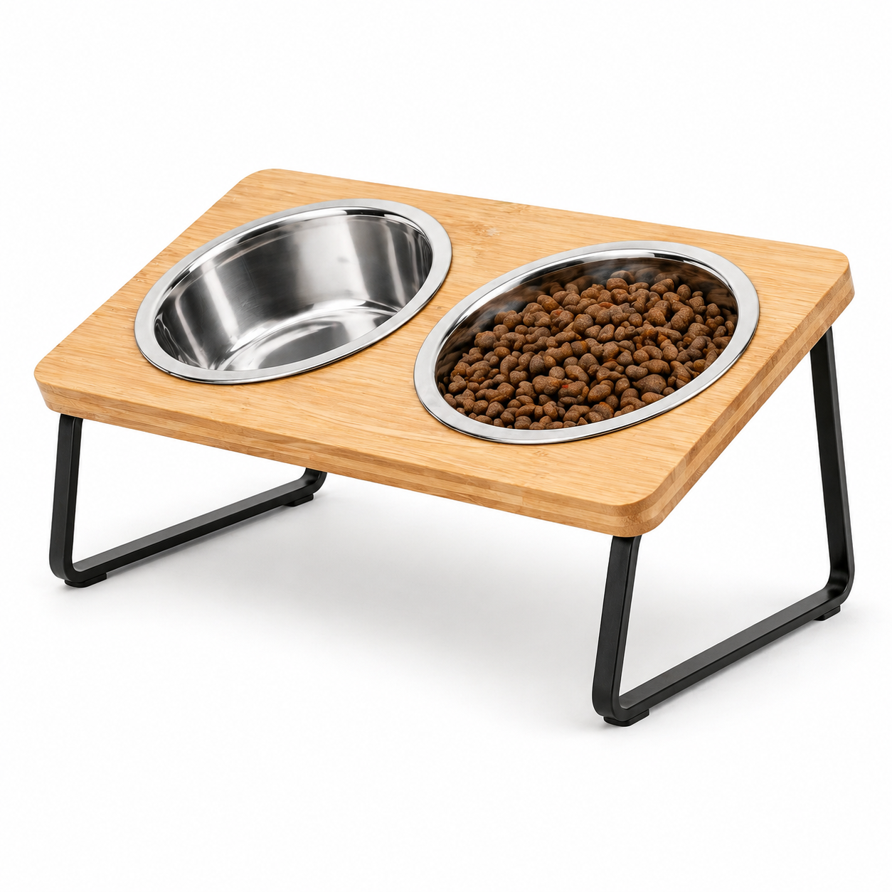 Comedero elevado inclinado 15 grados bambú acero inox para perro mayor ortopédico