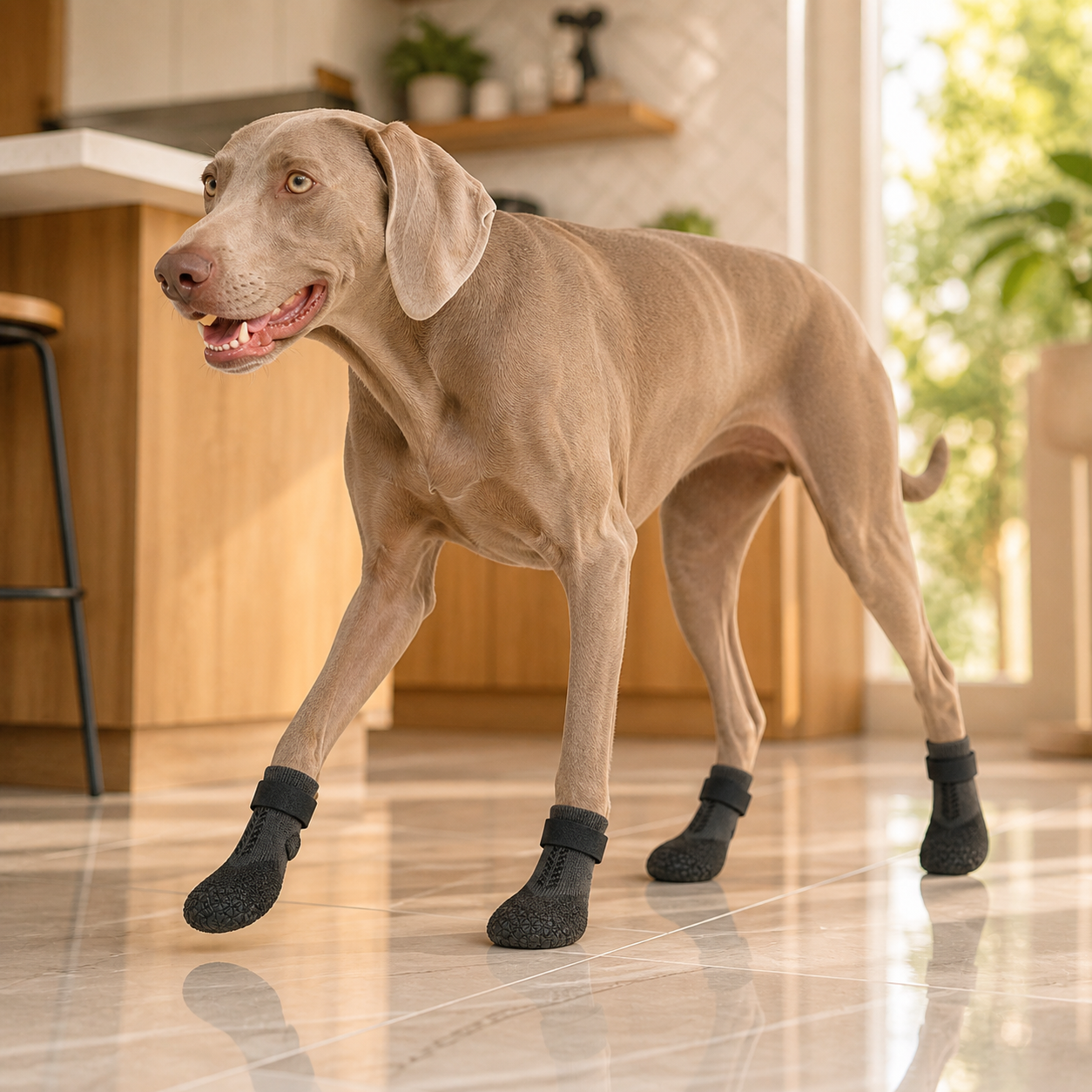 Perro mayor con calcetines antideslizantes velcro en suelo de parquet
