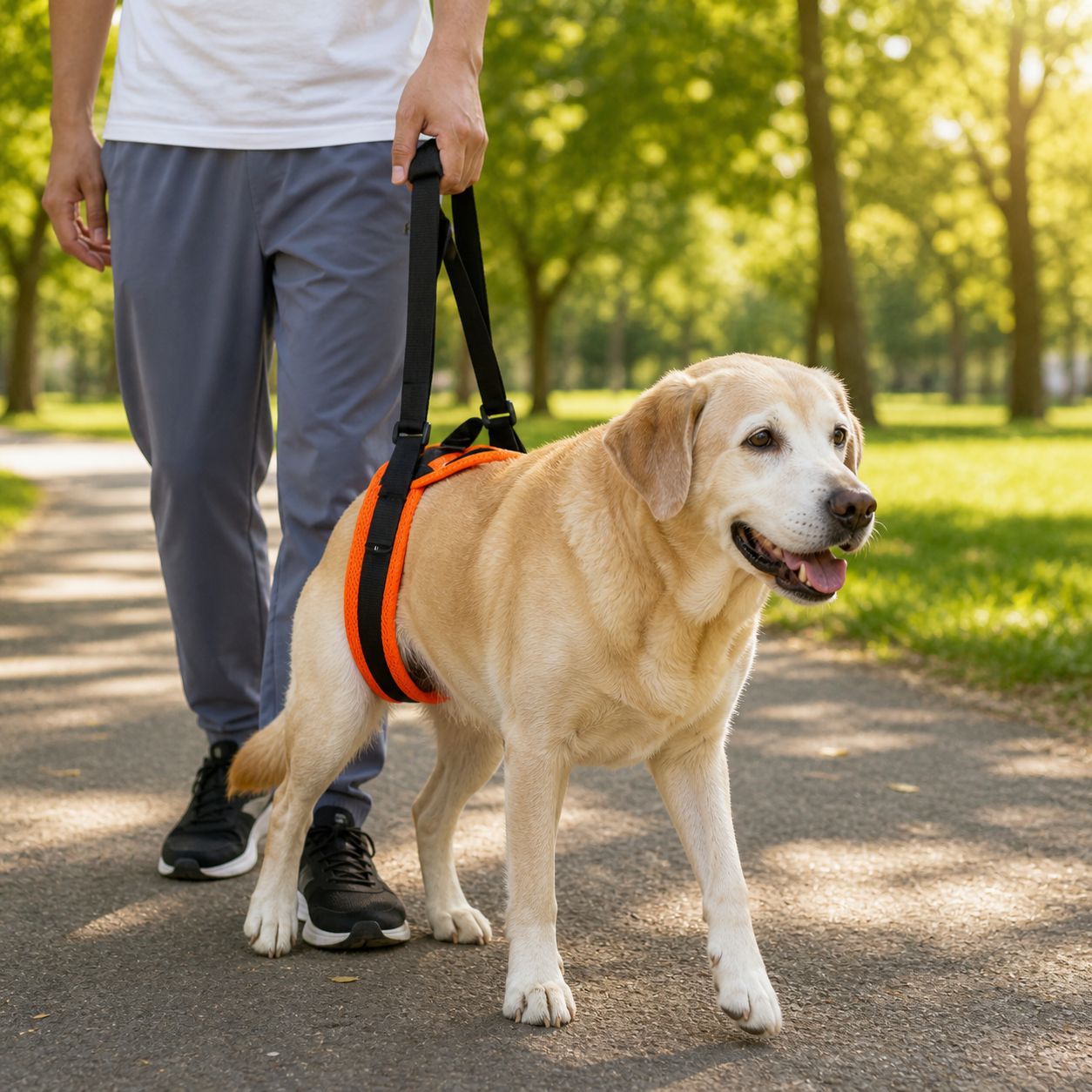 Perro mayor con arnés de soporte para patas traseras ayuda a caminar