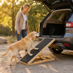 Perro mayor usando rampa de madera para subir al sofá sin esfuerzo