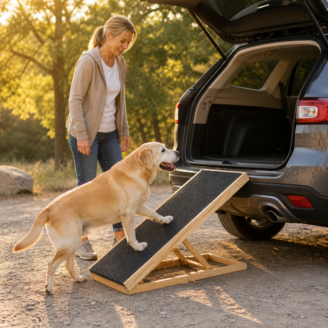 Perro mayor usando rampa de madera para subir al sofá sin esfuerzo