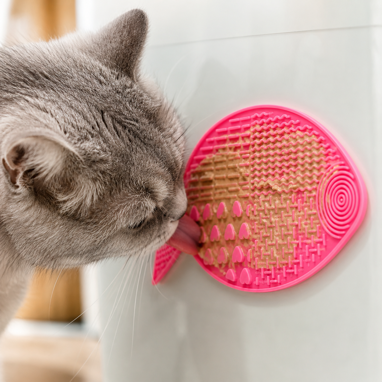 Gato mayor lamiéndose en tapete silicona reduce ansiedad y estrés