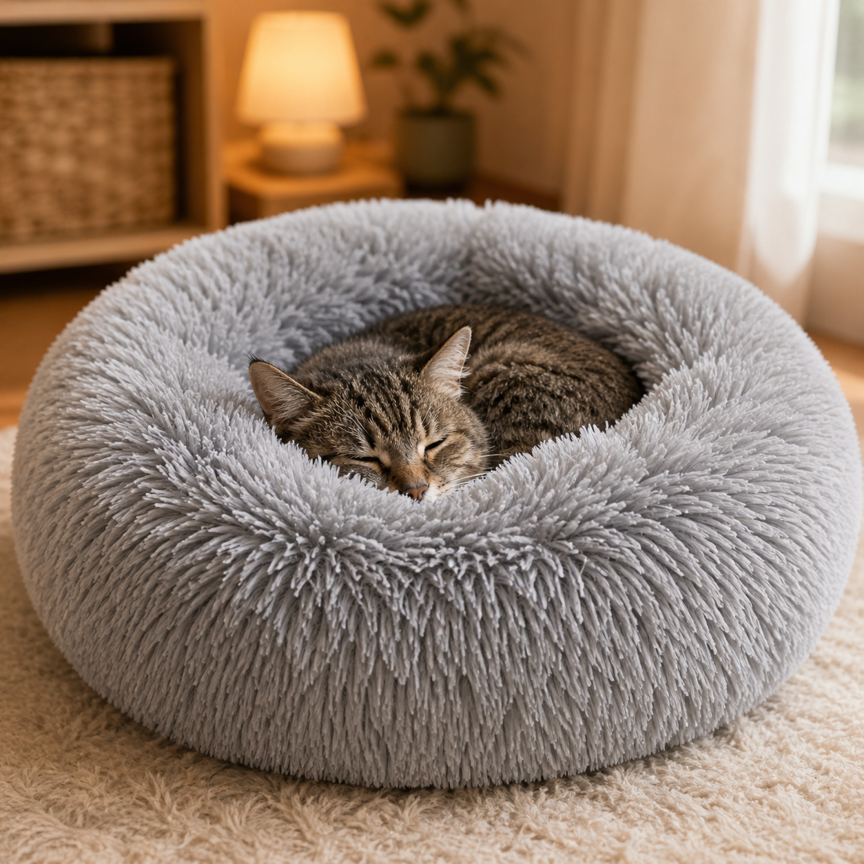 Gato mayor acurrucado en cama donut felpa pelo largo calor y confort