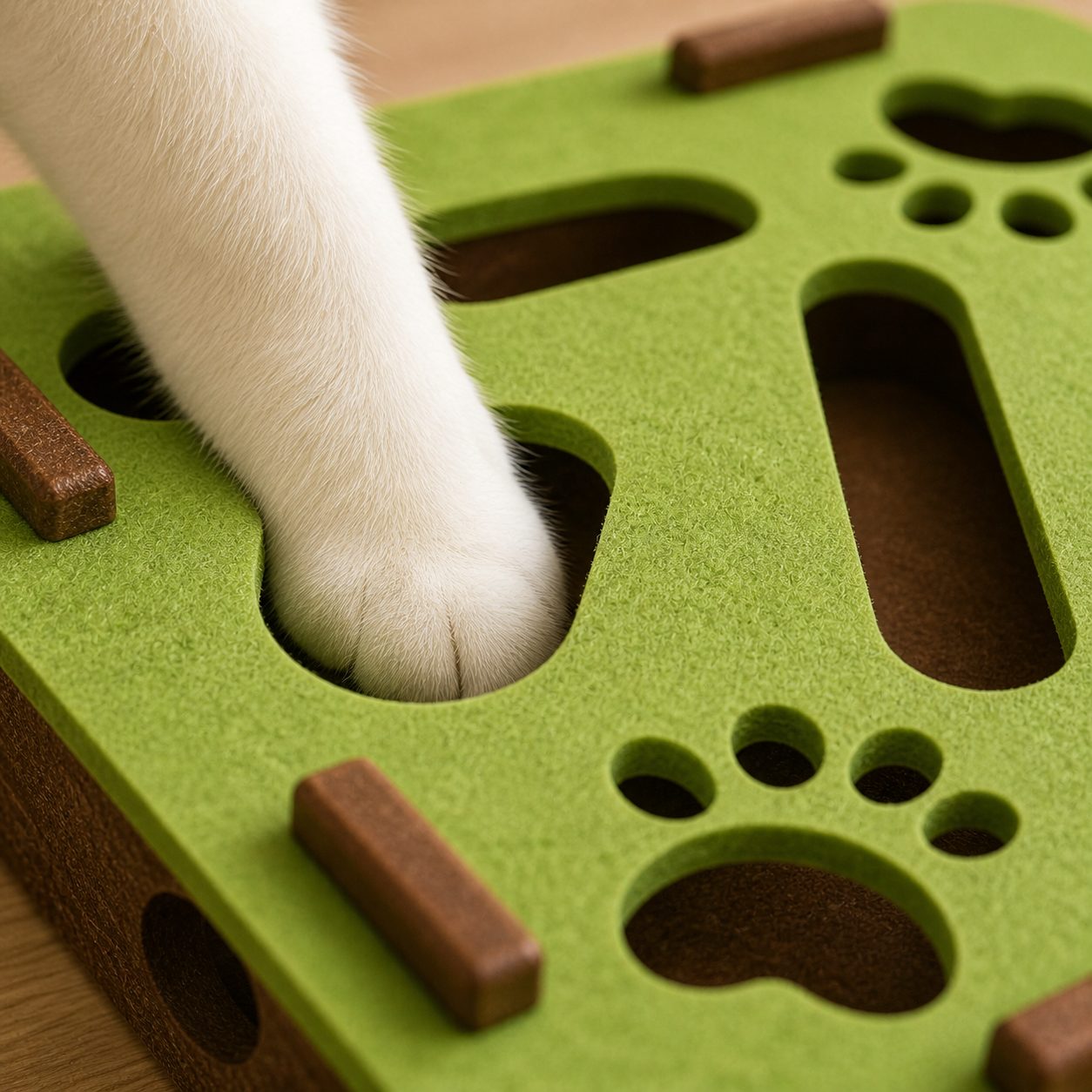 Gato usando rompecabezas fieltro bolitas caza estimulación mental
